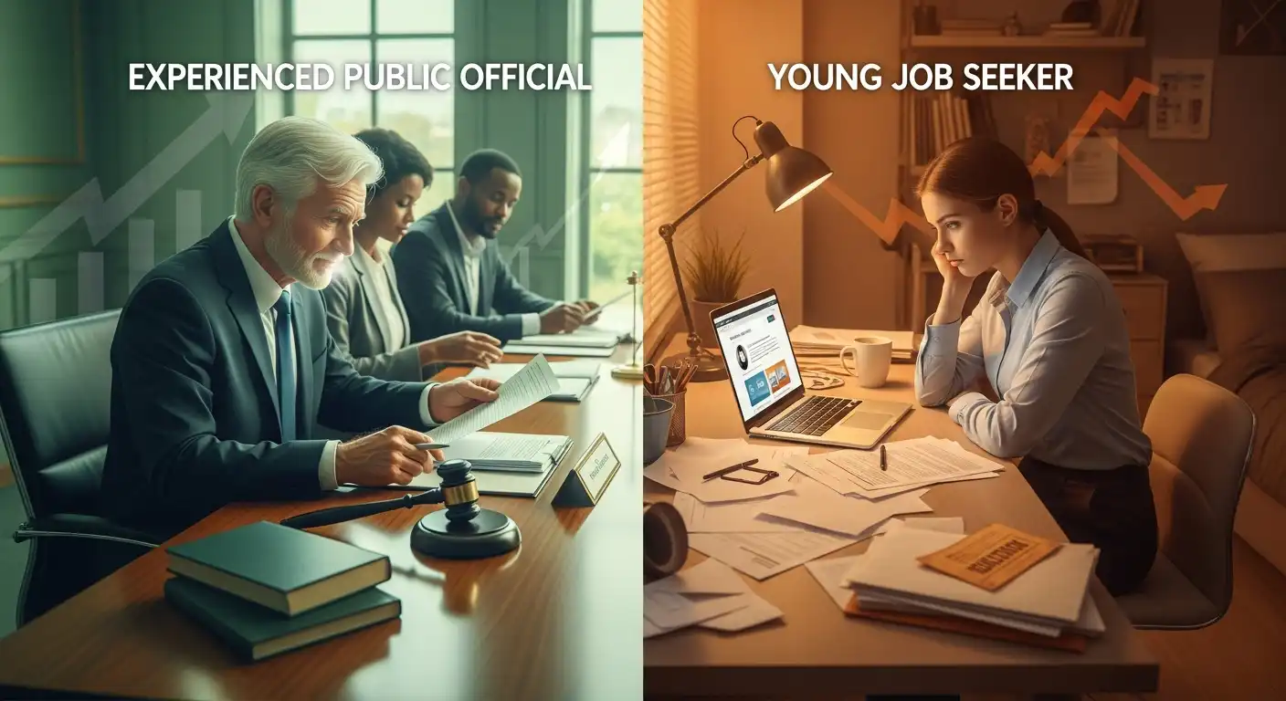 공무원 정년 연장의 긍정적 측면(숙련 인력 활용)과 우려되는 측면(청년 일자리)을 대비하여 보여주는 이미지.