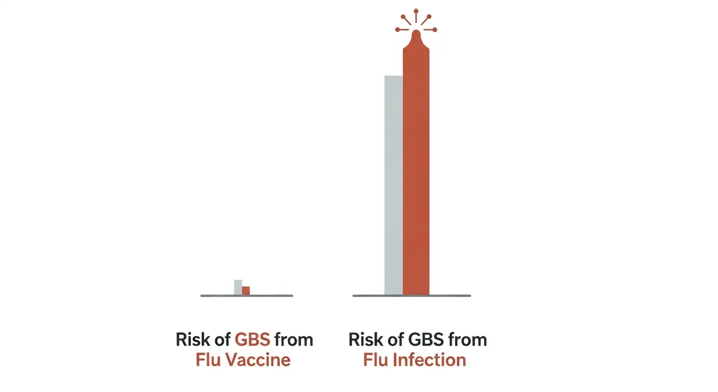 독감 백신 접종으로 인한 길랑-바레 증후군 위험과 독감 감염으로 인한 위험을 비교하는 인포그래픽. 백신 접종의 위험이 훨씬 낮음을 시각적으로 보여줌.