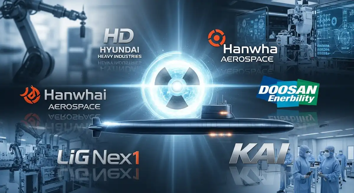 대한민국 핵추진 잠수함 프로젝트에 참여하는 주요 방산 기업 5곳의 로고와 기술을 상징하는 역동적인 이미지.