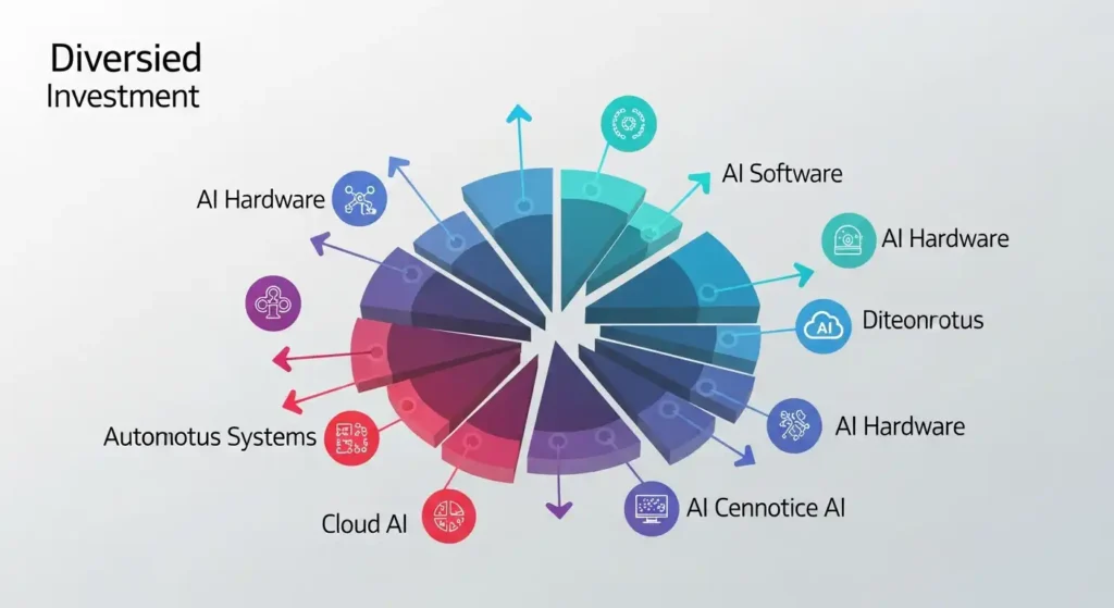 다양한 AI 기술 분야에 분산 투자하는 전략을 보여주는 인포그래픽, 안정적인 성장을 암시