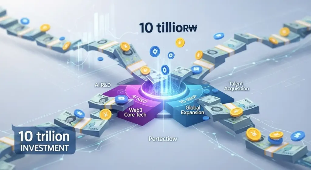 10조 원 규모의 한국 원화와 디지털 화폐가 AI 연구, 웹3 기술, 글로벌 확장 및 인재 확보 분야로 전략적으로 투자되는 모습.