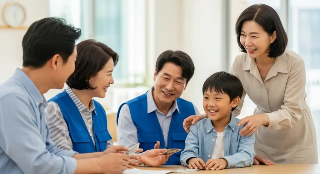 테이블에 놓인 서류를 보며 디딤씨앗통장에 대해 상담하는 보호자와 사회복지사의 모습.