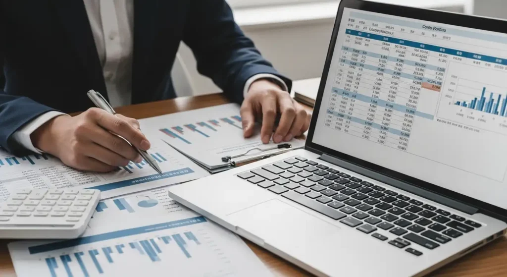 투자자가 노트북과 서류를 보며 해외 투자 포트폴리오의 환율과 세금 계산을 꼼꼼하게 검토하는 모습.