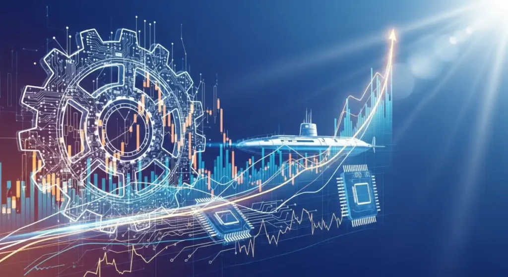 방위 산업과 핵잠수함 관련주 투자의 성장 가능성을 보여주는 상승세의 주식 차트와 기술 이미지.