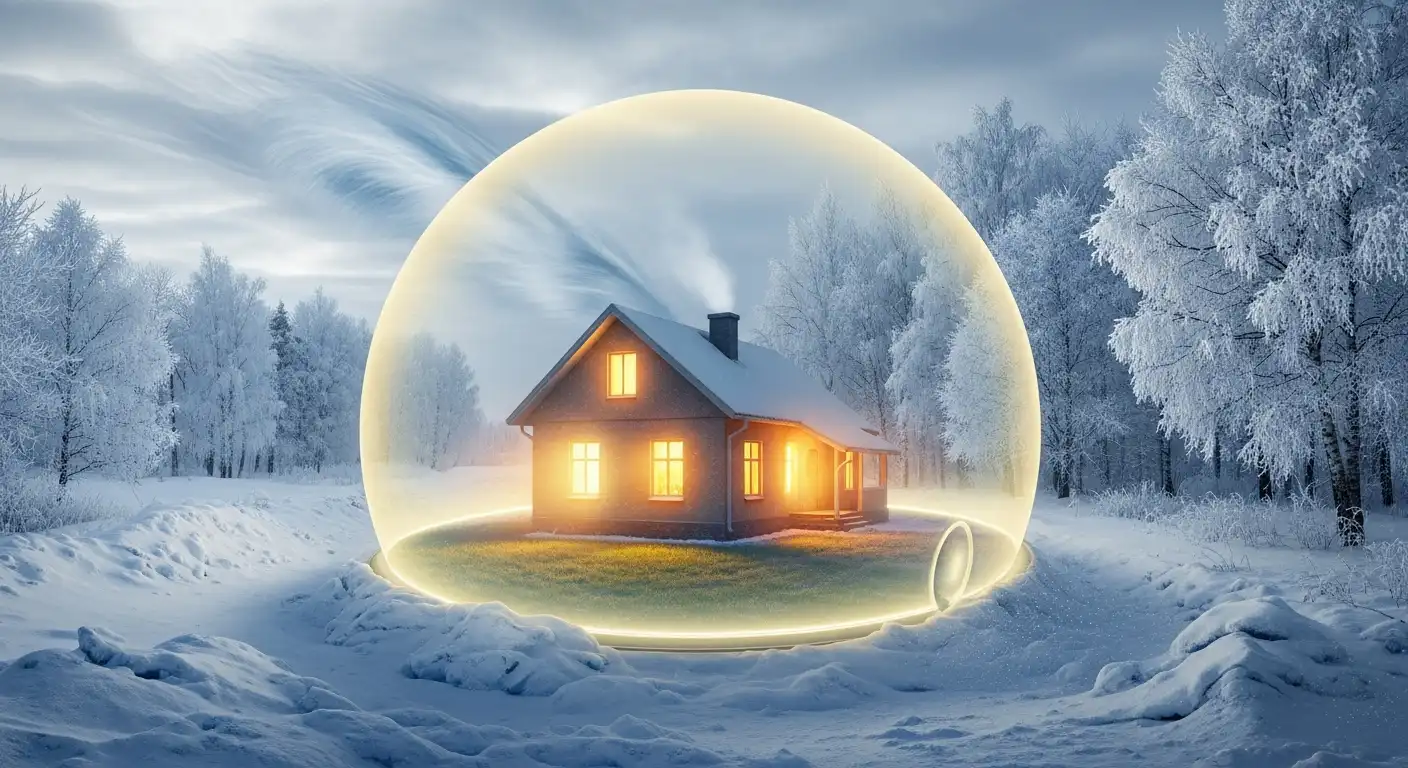 추운 겨울 외부로부터 난방비를 보호하는 따뜻한 집을 감싸는 보호막 이미지. 난방비 폭탄 걱정 없는 포근한 겨울을 상징.