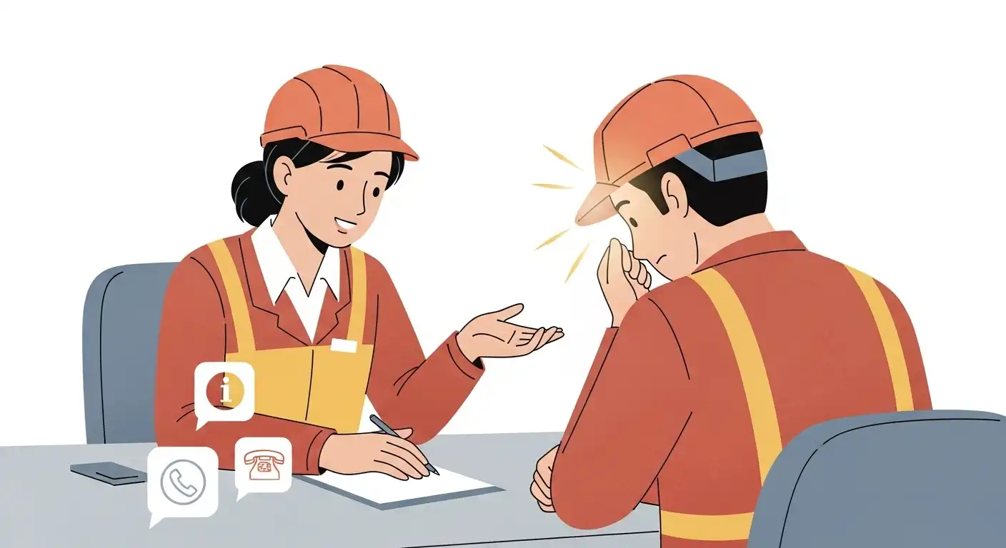 체불임금으로 어려움을 겪는 근로자가 고용노동부 상담원에게 상담받는 모습. 도움과 해결의 메시지를 전달합니다.