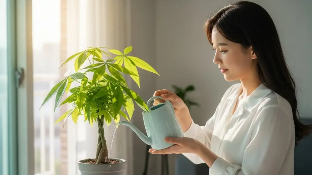 배당금 재투자를 통한 자산 증식을 상징하며 화초를 가꾸는 한국인 여성.