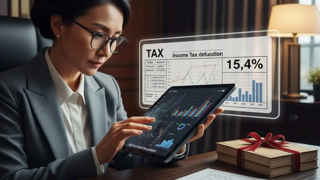 한국인 금융 전문가가 IMA 수익에 적용될 이자소득세를 계산하며 포트폴리오를 조정하는 모습.