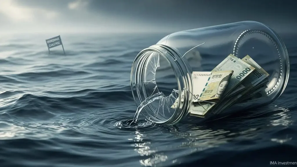 깨진 유리병 속에 있는 한국 화폐, 증권사 자체 약정이며 예금자보호 대상이 아님을 경고하는 상징적 이미지.