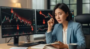 주식 차트를 보며 좌절했지만 다시 일어서는 권미화 씨의 모습, 주식 투자 실패 극복 의지를 담은 이미지