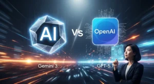 구글 제미나이 3와 GPT-5.1의 치열한 AI 경쟁을 상징하는 역동적인 디지털 전장 모습. 한 한국인 연구원이 홀로그램 디스플레이를 보며 AI 기술 경쟁을 주시하고 있다.