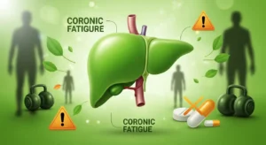 만성 피로와 간 건강 문제를 상징하는 배경 속, 건강한 간과 위험한 알부민 조합을 경고하는 그림