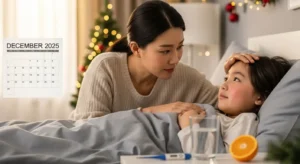 A형 독감으로 열이 나는 아이의 이마를 짚어주는 한국인 엄마의 걱정스러운 모습.