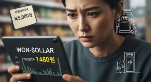 심각한 표정으로 환율 차트를 보는 한국인, 1480원대를 돌파한 원·달러 환율이 경제에 미치는 불안감을 상징