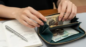 초기 투자 자본을 모으기 위해 절약하며 지갑 속 돈을 정리하는 한국인 여성의 손.