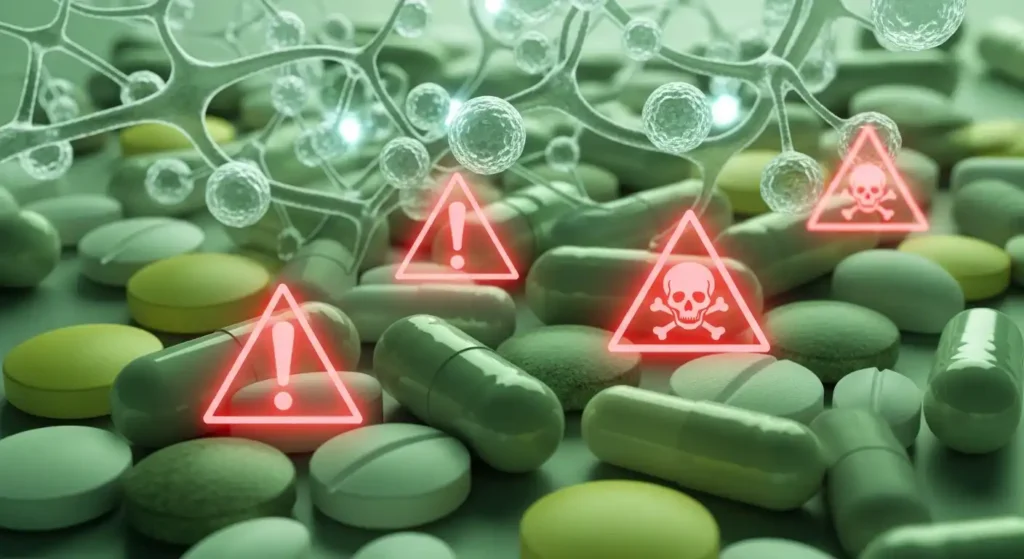 혈관 내 알부민과 위험하게 상호작용할 수 있는 약물들을 경고하는 이미지