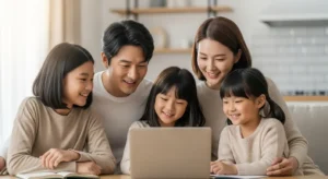 자녀 세액공제 확대로 행복해하는 한국인 가족이 노트북을 보는 모습