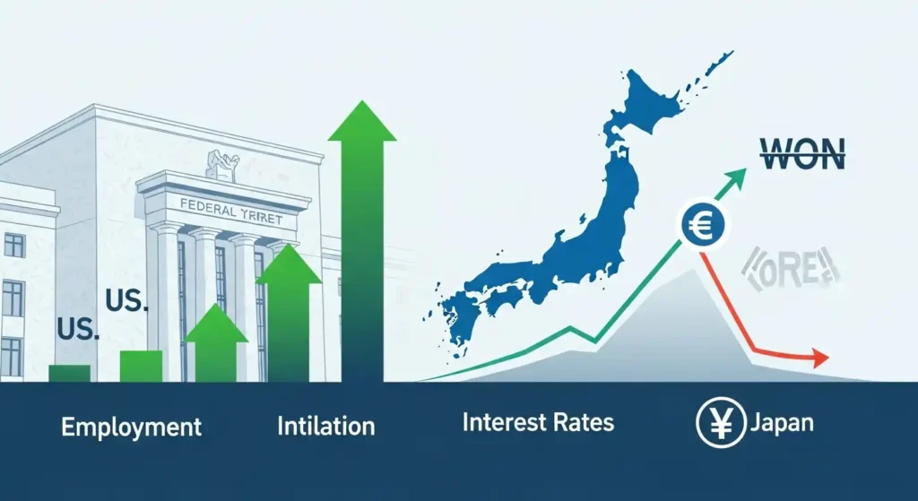 미국의 견조한 경제 지표와 일본의 금리 인상 기대감을 시각화한 그래프.