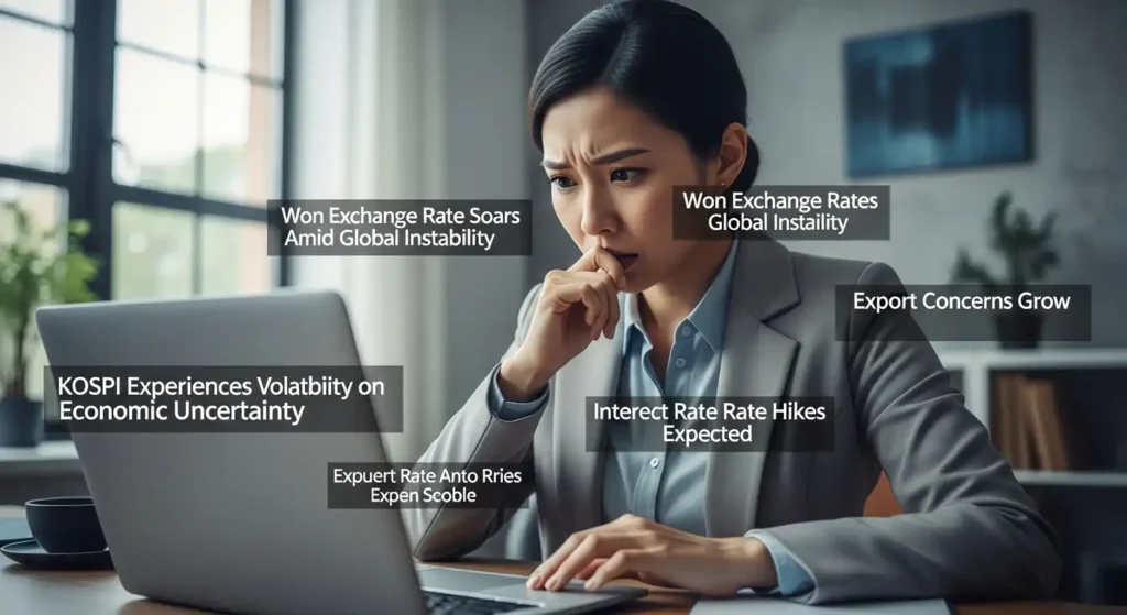 노트북으로 고환율 경제 뉴스를 확인하며 걱정하는 한국인 비즈니스 우먼의 모습