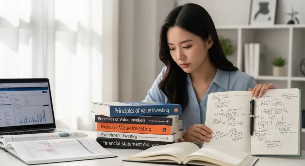 주식 투자 서적과 재무제표를 꼼꼼히 공부하는 권미화 씨의 모습