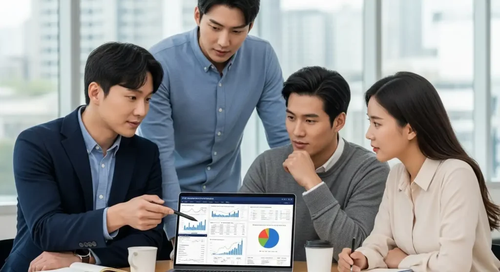 노트북 화면으로 P2P 투자 포트폴리오와 금융 차트를 분석하는 한국인 젊은 전문가들.