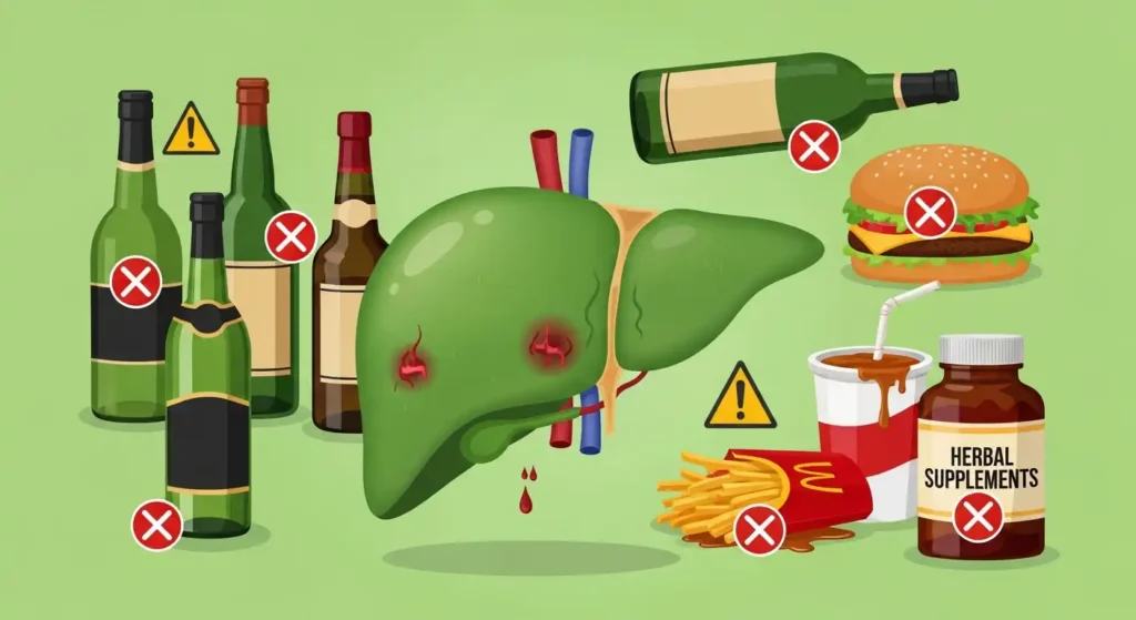 알코올, 고지방 음식 등 간에 해로운 생활 습관과 음식이 간에 미치는 악영향을 묘사한 그림