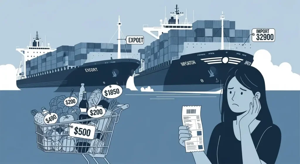 고환율로 인한 물가 상승, 가계 부채 증가, 수출입 기업의 명암을 보여주는 경제 생활 이미지.