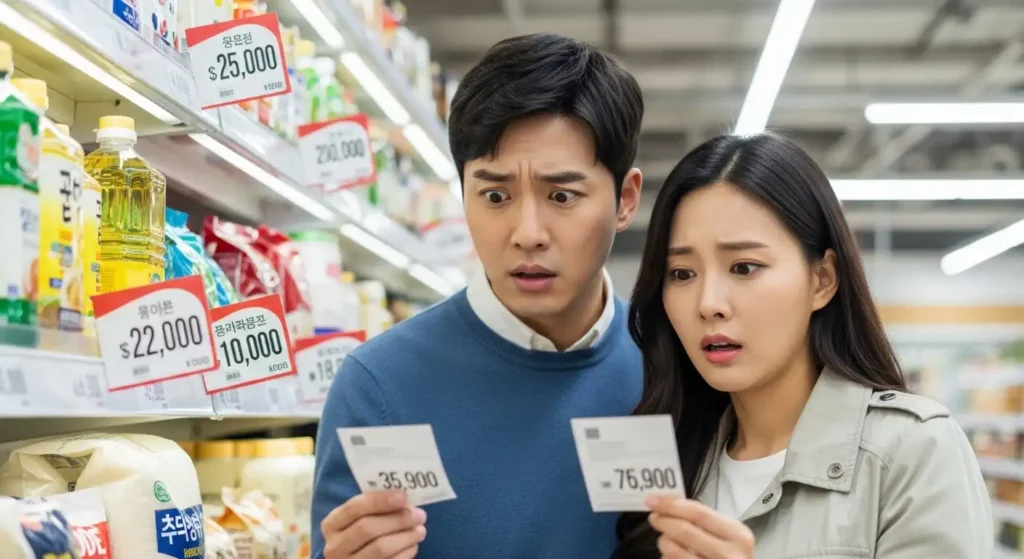 마트에서 오른 물가에 놀라 걱정하는 젊은 한국인 부부의 모습