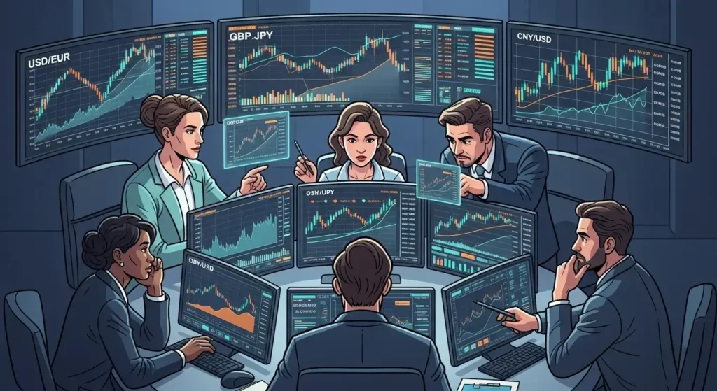 환율 전망을 분석하며 토론하는 금융 전문가들과 복잡한 금융 차트.