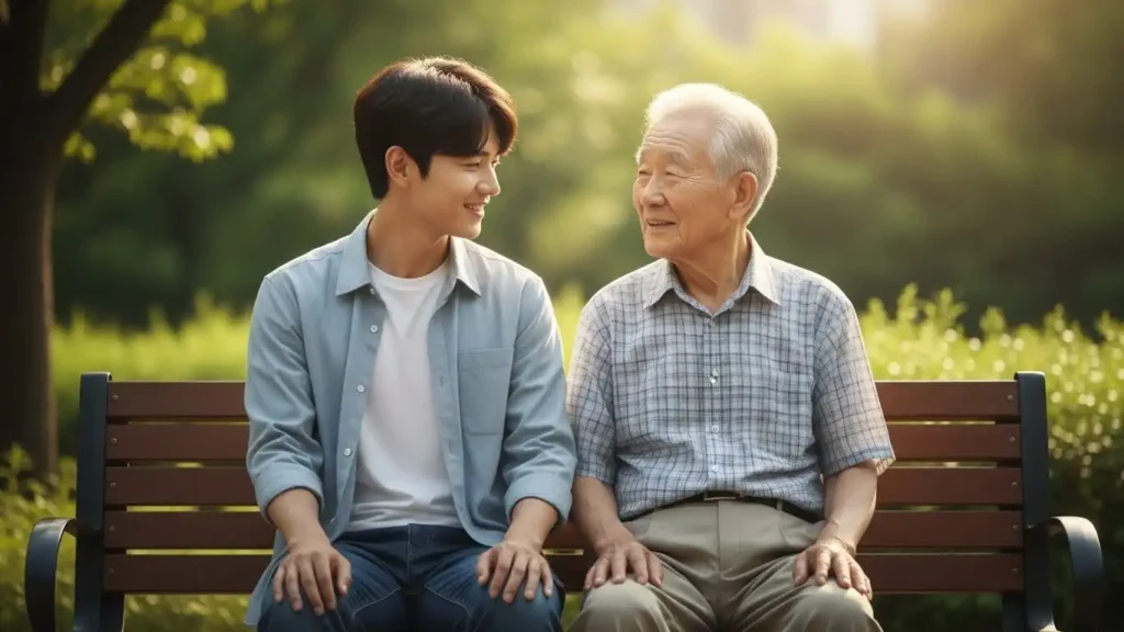 공원 벤치에 앉아 밝게 대화하며 세대 간 신뢰와 국가의 연금 지급 보장을 상징하는 청년과 노인.