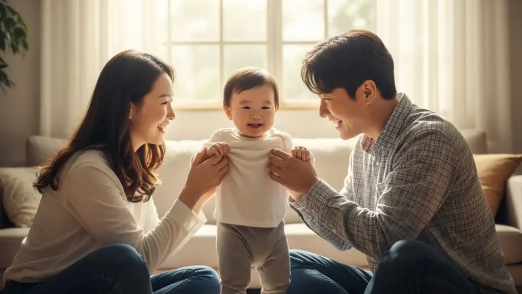 출산 및 군 복무 크레딧 혜택 확대를 상징하는, 거실에서 아이와 즐거운 시간을 보내는 젊은 한국인 부부.