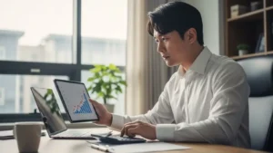 사무실에서 노트북과 계산기를 활용해 국민연금 보험료 인상에 따른 자산 계획을 세우는 30대 한국인 남성.