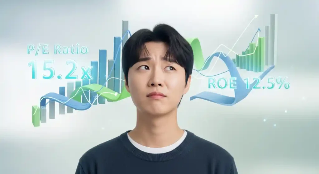 주식 투자 핵심 용어 복잡한 주식 지표(P/E, ROE) 앞에서 고민하는 듯한 한국인 젊은이의 모습