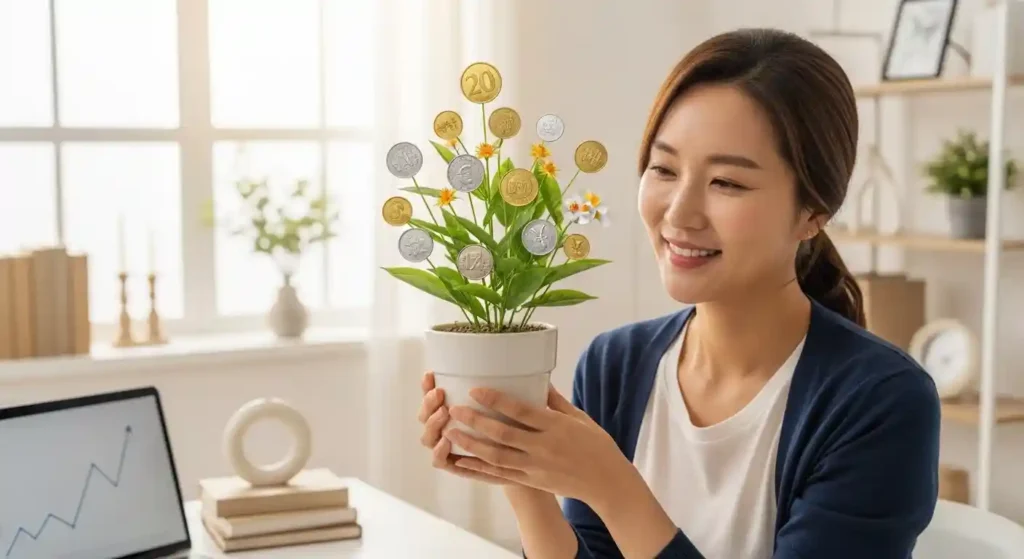 배당금을 상징하는, 동전이 열린 화분을 들고 미소 짓는 한국인 여성